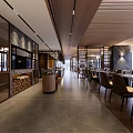 Elegant Restaurant Interior With Wooden Ceiling Stone Walls Bookshelves And Bar Counter