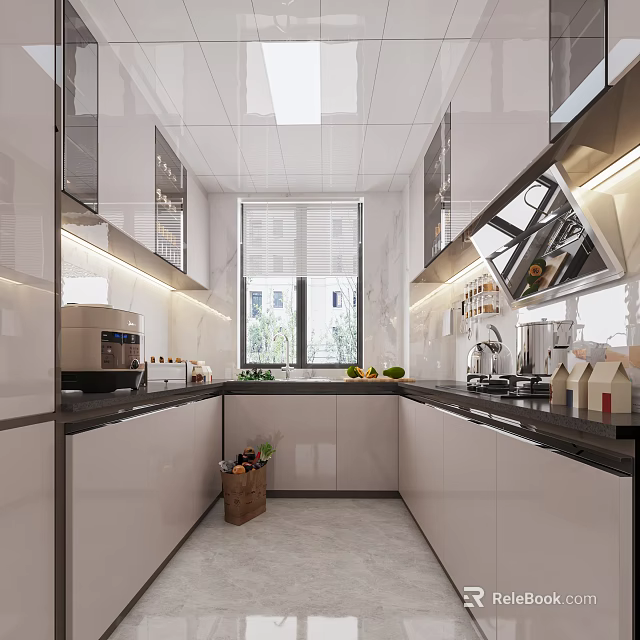 Bright Modern U Shaped Kitchen With Glossy Cabinets And Large Window Bringing Good Natural Light 3d model 