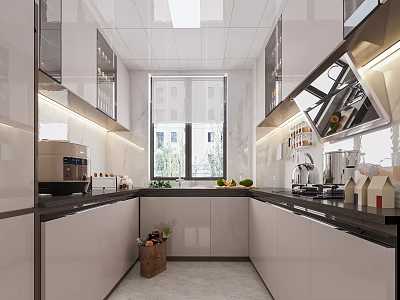 Bright Modern U Shaped Kitchen With Glossy Cabinets And Large Window Bringing Good Natural Light 3d model