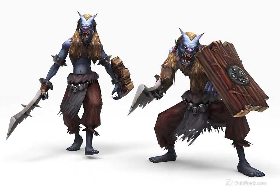 Furry Horned Blue Skinned Game and Movie Characters With Leather Armor Swords and Shields 3d model 