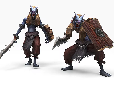 Furry Horned Blue Skinned Game and Movie Characters With Leather Armor Swords and Shields 3d model