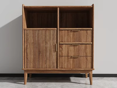 Modern Wooden Storage Cabinet With Vertical Slat Door And Three Drawers 3d model