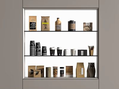 Three Layer Food Display Shelf With Packaged Coffee Beans Cups Jars And Boxes 3d model