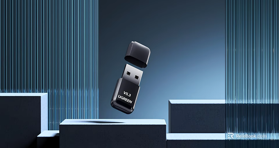 Kingston USB 3.2 Flash Drive Black Floating On Display Stand With Blue Lines And Geometric Design 3d model 
