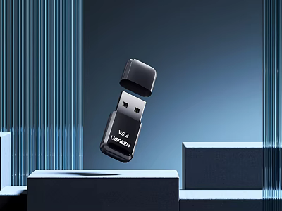 Kingston USB 3.2 Flash Drive Black Floating On Display Stand With Blue Lines And Geometric Design 3d model