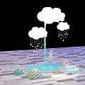 Art Installation Featuring Blue Pole White Clouds Raindrop Decorations Human Figure And Geometric Floor 3d model