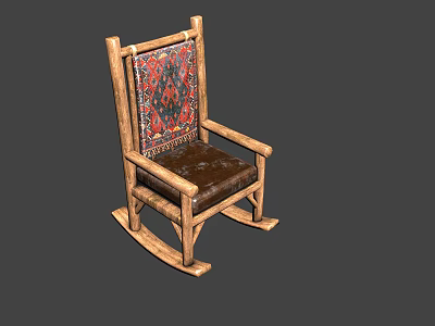 Wooden Rocking Chair With Patterned Backrest Cushion And Brown Leather Seat 3d model