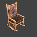 Wooden Rocking Chair With Patterned Backrest Cushion And Brown Leather Seat