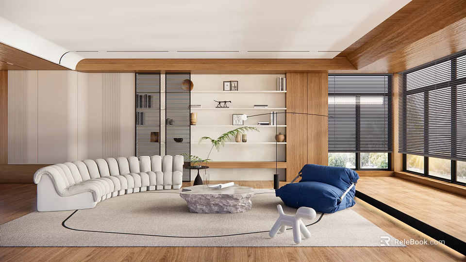 Modern Living Room Interior With White Curved Sofa Blue Bean Bag And Stone Coffee Table 3d model 