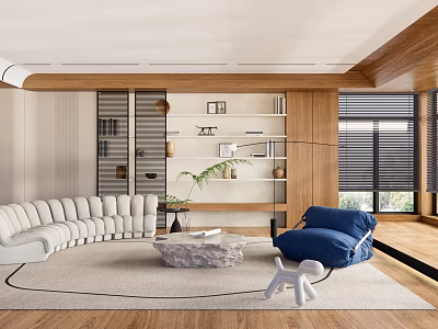 Modern Living Room Interior With White Curved Sofa Blue Bean Bag And Stone Coffee Table 3d model