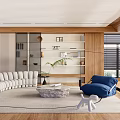 Modern Living Room Interior With White Curved Sofa Blue Bean Bag And Stone Coffee Table