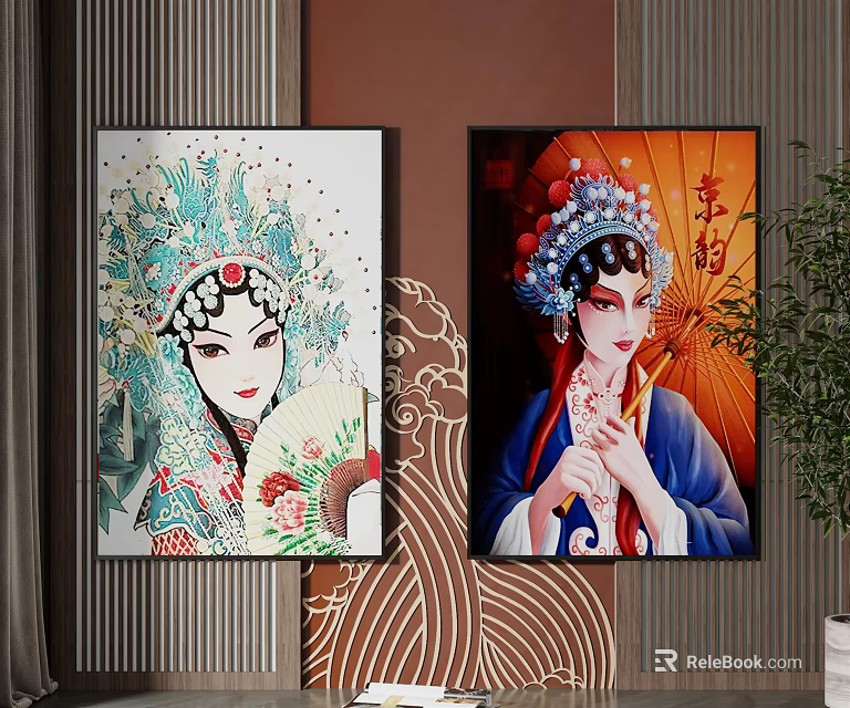Traditional Chinese Opera Character Paintings With Female Figures In Elaborate Costumes Holding Fan And Umbrella 3d model 