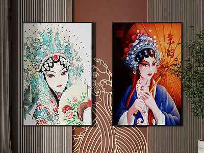Traditional Chinese Opera Character Paintings With Female Figures In Elaborate Costumes Holding Fan And Umbrella 3d model