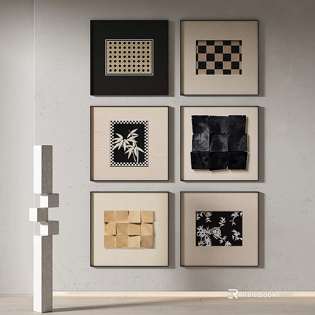 Abstract Paintings Collection on Wall with Grid Floral and Patchwork Design Patterns 3d model