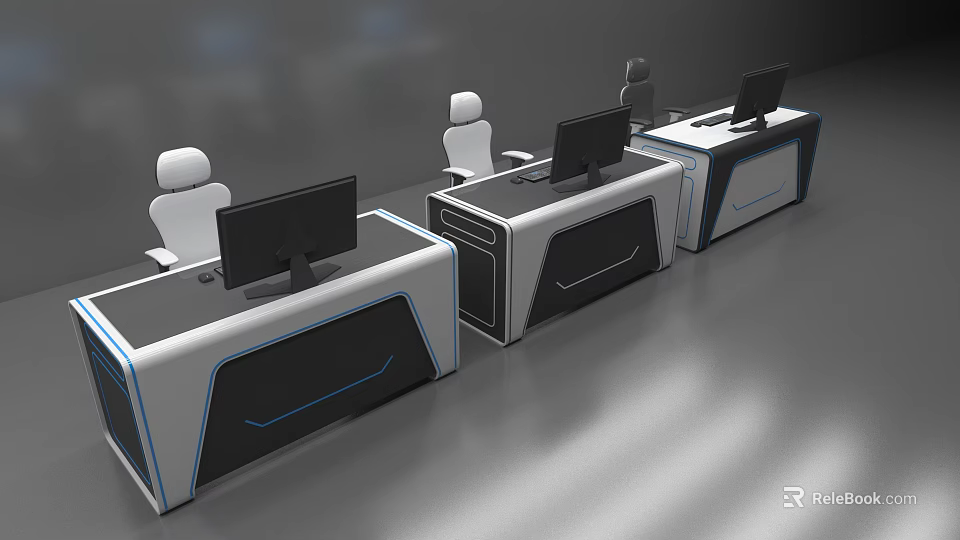 Modern Office Desks Arranged in a Row with Computer Monitors and Chairs in Contemporary Workspace 3d model 