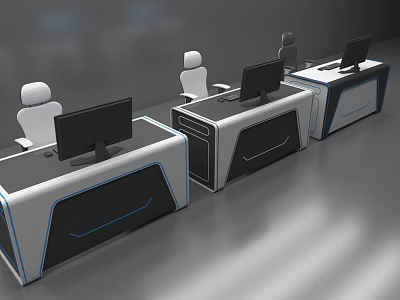 Modern Office Desks Arranged in a Row with Computer Monitors and Chairs in Contemporary Workspace 3d model