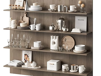Modern Dinnerware Set Collection With Plates Cups Glasses And Cutlery On Wooden Shelves 3d model