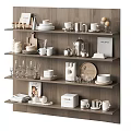 Modern Dinnerware Set Collection With Plates Cups Glasses And Cutlery On Wooden Shelves