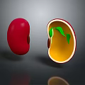 Vibrant Red Mango Whole And Sliced With Yellow Flesh And Green Leaves