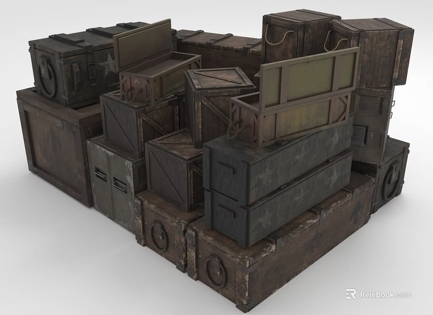 Household Wooden Crates Stacked With Vintage Design Different Sizes And Metal Latches 3d model 