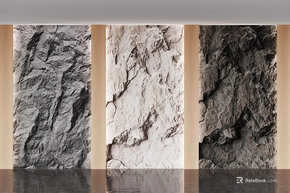 Textured Stone Background Wall With Natural Patterns And Wooden Decorative Panels For Modern Interior Design 3d model 