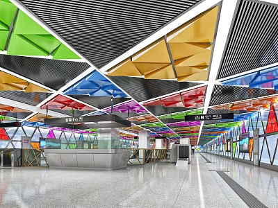 Modern Station Interior Design With Colorful Geometric Ceiling And Bright Lighting 3d model