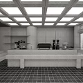 Modern Café with Grid Ceiling Circular Wall Decorations Long Table Benches Bar Checkerboard Flooring