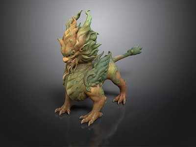 Mythical Creature 3D Model With Green Yellow Mane Scales And Horns Standing Pose 3d model