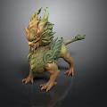Mythical Creature 3D Model With Green Yellow Mane Scales And Horns Standing Pose