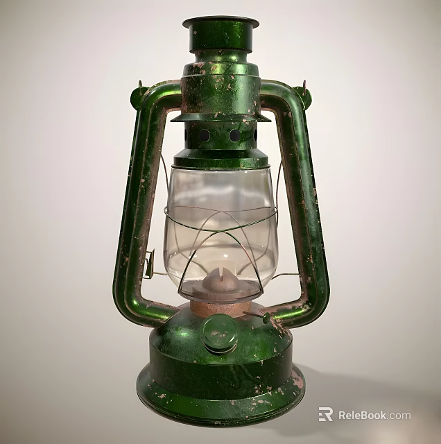 Antique Green Kerosene Lantern With Metal Frame Glass Chimney And Vintage Design 3d model 