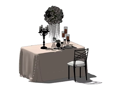 Elegant Dining Table Set With Beige Tablecloth Chair Floral Centerpiece And Candle Holders 3d model