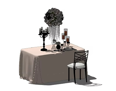 Elegant Dining Table Set With Beige Tablecloth Chair Floral Centerpiece And Candle Holders 3d model
