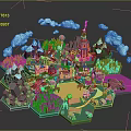 Cartoon 3D Village Scene With Red Roofed Buildings Tower Mountains And Green Trees