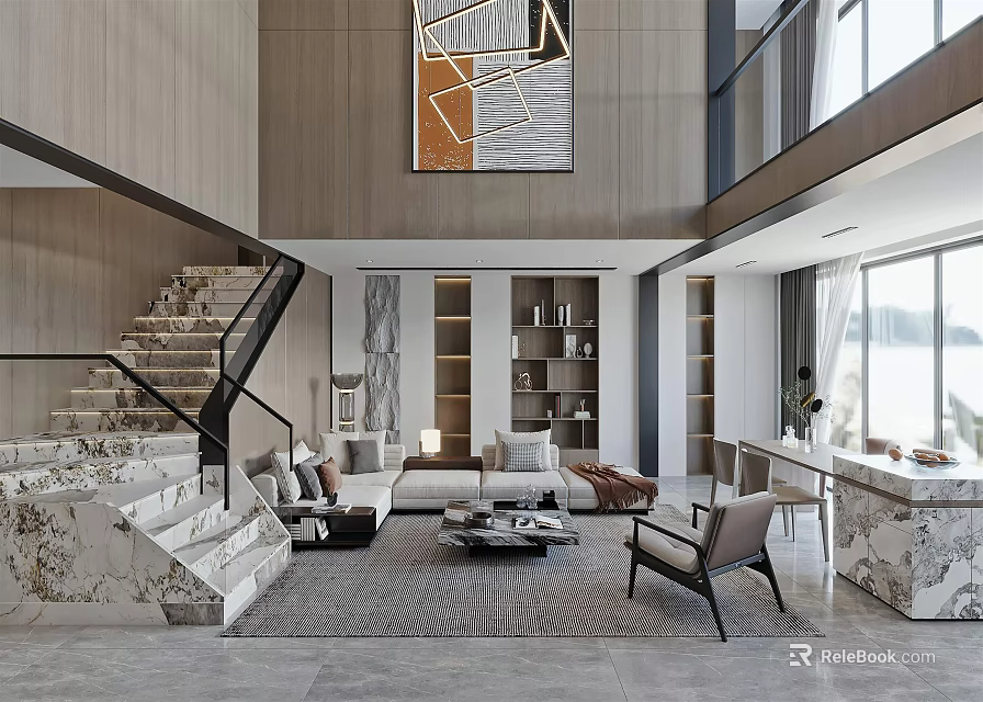 Spacious Modern Duplex Living Room Design With High Ceiling Staircase And Coffee Table 3d model 