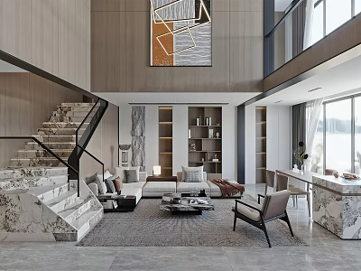 Spacious Modern Duplex Living Room Design With High Ceiling Staircase And Coffee Table 3d model
