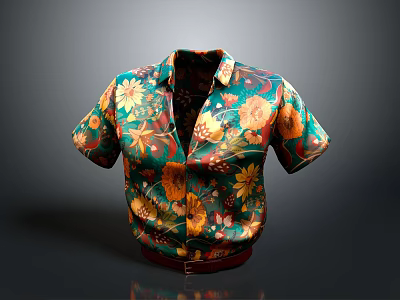 Colorful Floral Short Sleeve Shirt With Green Base Yellow And Orange Flower Patterns 3d model