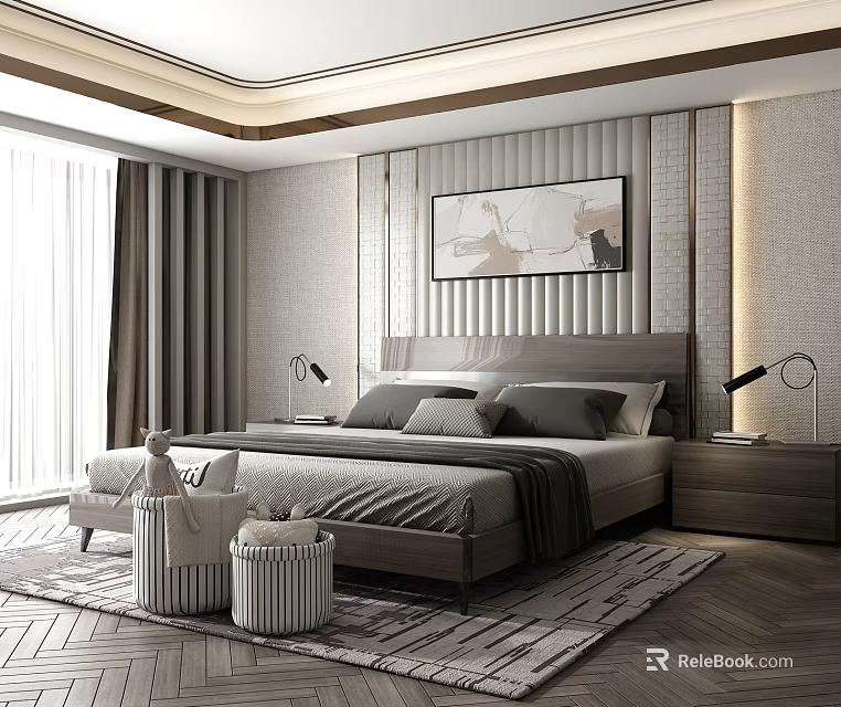 Modern Bedroom Interior With Comfortable Bed Nightstand Lamps Curtains Rug And Wall Art 3d model 