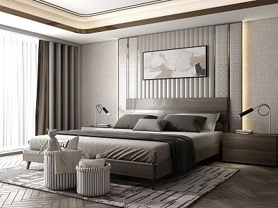 Modern Bedroom Interior With Comfortable Bed Nightstand Lamps Curtains Rug And Wall Art 3d model