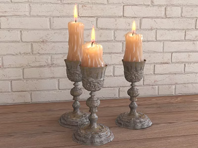 Vintage Lit Candles On Antique Brass Candle Holders With Brick Wall And Wooden Table 3d model