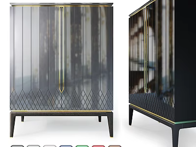 Modern Black Cabinet With Glass Doors Gold Accents Slim Legs Diamond Pattern And Color Options 3d model