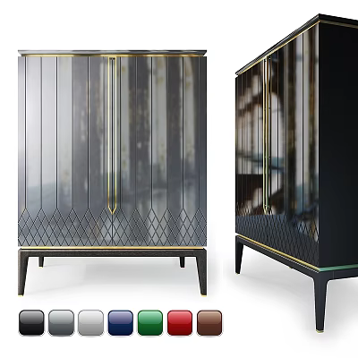 Modern Black Cabinet With Glass Doors Gold Accents Slim Legs Diamond Pattern And Color Options 3d model
