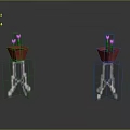 Potted Pink Flowers In Red Pots On White Metal Stands With Gray Background And Reflective Floor