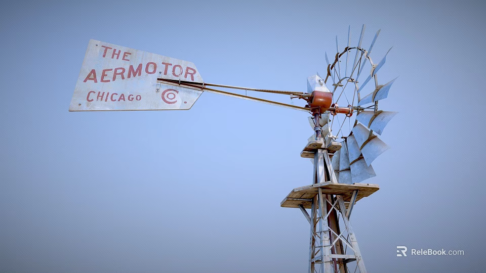 Aermotor Chicago Industrial Windmill Equipment With Metal Blades And Tall Tower Structure 3d model 
