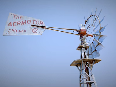 Aermotor Chicago Industrial Windmill Equipment With Metal Blades And Tall Tower Structure 3d model