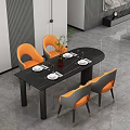 Modern Black Dining Table Set with Four Orange Chairs and Tableware Decorations 3d model