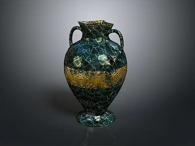 Artistic Sculpted Vase With Green Gold Cracked Texture And Double Handles 3d model