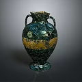 Artistic Sculpted Vase With Green Gold Cracked Texture And Double Handles