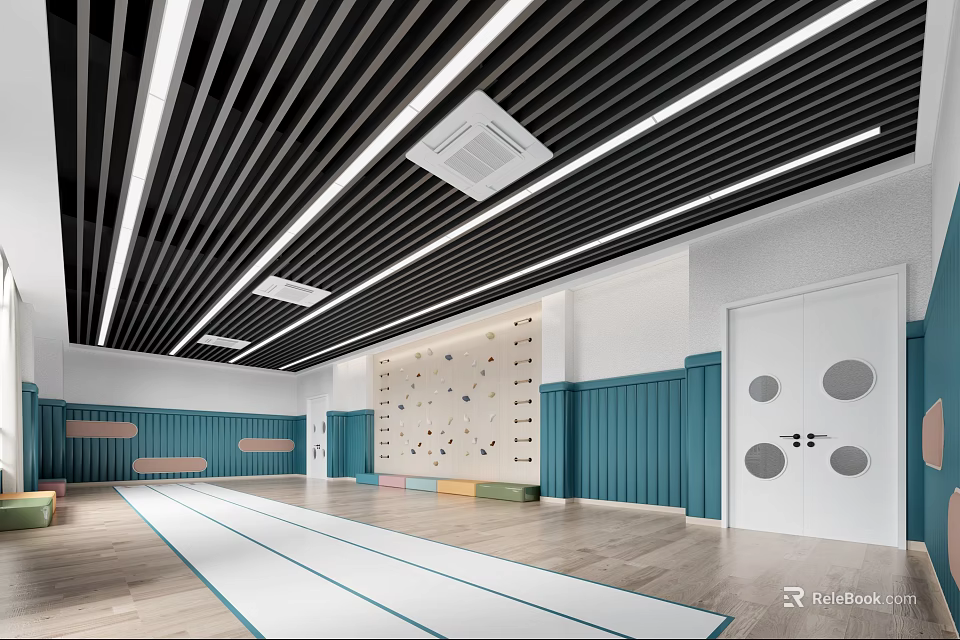 Modern Playroom With Black Striped Ceiling White Walls Blue Wall Panels Climbing Wall And Door 3d model 