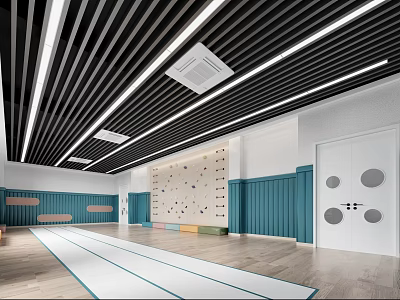 Modern Playroom With Black Striped Ceiling White Walls Blue Wall Panels Climbing Wall And Door 3d model