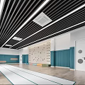 Modern Playroom With Black Striped Ceiling White Walls Blue Wall Panels Climbing Wall And Door